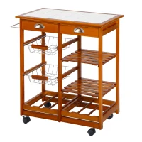HOMCOM Wooden Rolling Kitchen Cart, Tile Counter Top Kitchen island on Wheels with Towel Rack, 2 Drawers, 2 Shelves, Wire Baskets & Wine Rack, Natural(m-1)