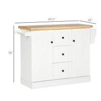 HOMCOM Rolling Kitchen Island with Storage, Kitchen Cart with Wood Top, 3 Drawers and 2 Barn Door Style Cabinet, Adjustable Shelves, Spice Rack, White(m-3)