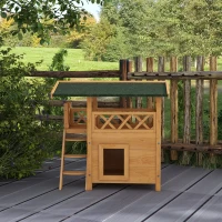 PawHut Outdoor Cat House, Wooden Kitten Condo, Natural(m-8)