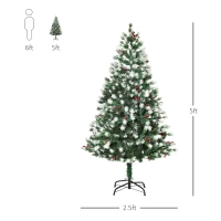 HOMCOM 5' Tall Unlit Snow-Flocked Fir Artificial Christmas Tree with Realistic Branches, Red Berries and 554 Tips, Green / White(m-3)