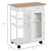 HOMCOM 28" Rolling Kitchen Island with Storage, Kitchen Cart with Solid Bamboo Top, Wire Basket,Door Cabinet and Drawers, White(m-3)