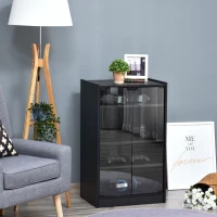 HOMCOM Media Cabinet, 4-Tier Stereo Cabinet, Record Player Stand with Vinyl Record Storage, Adjustable Shelves, Tempered Glass Doors and Cable Management, Distressed Black(m-10)