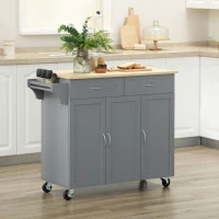 HOMCOM Kitchen Cart with Storage, Rolling Kitchen Island on Wheels with Bamboo Countertop, Drawers, Cabinets, 3 Doors, Grey(m-1)