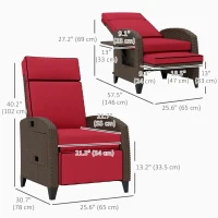 Outsunny Outdoor Recliner Chair with Adjustable Backrest, Cushion, Side Tray, Wine Red(m-3)
