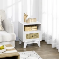 HOMCOM Bedside Table with Rattan Element, Side End Table with Drawer and Shelf, 17.7"x15.4"x22.2", White(m-1)