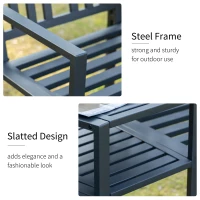 Outsunny Metal Garden Bench with Middle Table and Umbrella Hole, 2-in-1 Double Patio Chairs, Outdoor 2-person Tete-a-Tete, Slatted, Black(m-6)