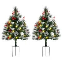 HOMCOM 2.5 Ft/30" 2 Pack Outdoor Entryway Pre-Lit Artificial Christmas Tree Cordless with 70 Branches, Warm White LED lights, Red Berries, Pine Cones, Balls, Green(m-11)