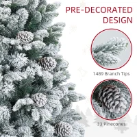 HOMCOM 6ft Flocked Artificial Christmas Tree with 1489 Snow Tips, Pinecones, Metal Stand, Hinged Xmas Tree for Home(m-5)