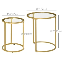 HOMCOM Set of 2 Nesting Coffee Tables with Metal Base, Round Side Table with Tempered Glass Tabletop for Living Room, Bedroom, Gold(m-3)