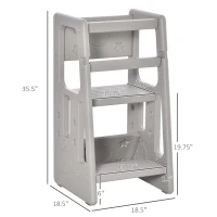 Qaba Toddler Tower with Adjustable Height, Toddler Kitchen Stool Helper with Anti-slip Mat, Step Stool for Kitchen, Bathroom, Gray(m-3)