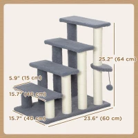 PawHut 4 Step Cat Tree Stairs with Cat Scratching Post, Jumping Platform, Toy Ball, Grey(m-3)