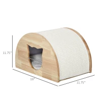 PawHut Wooden Cat House Kitten Condo with Cat-Shaped Entrance Sisal Scratching Carpet Soft Cushion, Natural(m-3)