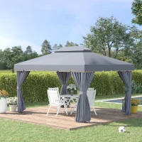 Outsunny 13' x 10' Patio Gazebo Canopy with 2-Tier Polyester Roof, Vented Mesh Sidewall & Strong Aluminum Frame, Grey(m-1)