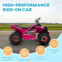Aosom 6V Quad Kids Electric Car with Wear-resistant Wheels, for Boys and Girls Aged 18-36 Months, Pink(m-5)