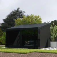 Outsunny 10' x 13' Wall Pergola, Outdoor Gazebo with 2 Curtains and 2 Nettings, UV Resistant, for Patio, Deck, Dark Grey(m-8)