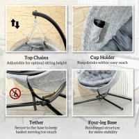 Outsunny Egg Chair with Folding Basket, Outdoor Indoor Hanging Swing Chair with Stand, Cushions for Patio, Balcony, Grey(m-7)