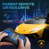 Qaba 12V Lamborghini Huracan Licensed Kids Electric Car with Remote Control, Spring Suspension, Transport Wheels, Yellow(m-6)