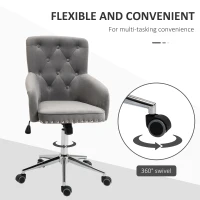HOMCOM Modern Mid-back Desk Chair with Button Tufted Velvet Back, Nailhead Trim, Swivel Home Office Chair with Adjustable Height, Curved Padded Armrests, Gray(m-7)