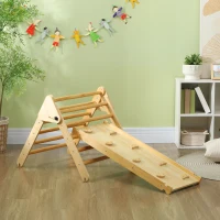 Qaba Pikler Triangle Set, 3 in 1 Climbing Toys with Ramp for Toddlers, Nature Wood(m-1)