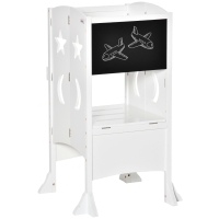 Qaba 2 in 1 Kids Foldable Kitchen Step Stool, Toddler Standing Tower with Chalkboard and Lockable Handrail for Children 3-6 Years Old, White
