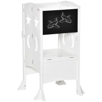 Qaba 2 in 1 Kids Foldable Kitchen Step Stool, Toddler Standing Tower with Chalkboard and Lockable Handrail for Children 3-6 Years Old, White(m-1)