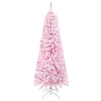 HOMCOM 5 FT Snow Flocked Artificial Christmas Tree, Pencil Xmas Tree with Realistic Branches, Auto Open and Steel Base, Pink(m-11)