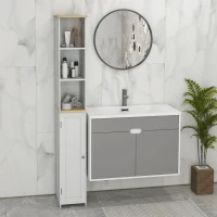 kleankin Narrow Bathroom Storage Cabinet, Freestanding Bathroom Cabinet with Open Shelves, Chevron Door and Adjustable Shelf, White(m-9)