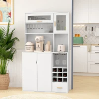 HOMCOM Coffee Bar Cabinet, Kitchen Hutch with Wine Storage, Microwave Countertop, Drawer and Tempered Glass Doors, White(m-1)