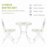 Outsunny 3 Piece Patio Bistro Set, Floral Mosaic Pattern, Metal Folding Chairs, Foldable Outdoor Dining Table for Coffee, Decor, Garden, Poolside, Porch, White(m-4)