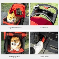 PawHut 3 Wheel Folding Dog Stroller, Travel Carrier with Adjustable Canopy, Storage Brake, Mesh Window for S&M Dogs, Red(m-7)