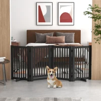 PawHut 4 Panel Free Standing Wooden Pet Gate with Open Door Black(m-8)