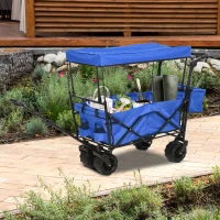 Outsunny Collapsible Folding Garden Utility Cart Wagon with Adjustable Push/Pull Handle, Canopy & All-Terrain Wheels, Blue(m-2)