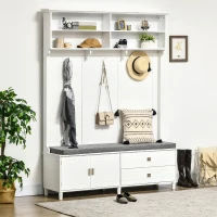 HOMCOM Hall Tree with Storage Bench, Entryway Bench with Coat Rack, Accent Coat Tree with Storage Shelves, Cabinet and Drawers for Hallway, Mudroom, White(m-10)
