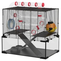 PawHut Hamster Cage with Deep Glass Bottom, Tunnel Tube System, Platforms, Hut, Exercise Wheel, Water Bottle, 24" x 16" x 22"(m-2)