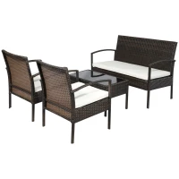 Outsunny Patio Furniture Set, 4 Piece Indoor Outdoor PE Wicker Conversation Set with Chairs, Loveseat Sofa, Cushions, Glass Table for Backyard, Sunroom, Pool, Garden, Brown(m-11)