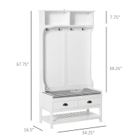 HOMCOM 3-in-1 Hall Tree, Entryway Bench with Coat Rack, Mudroom Bench with Shoe Rack, 2 Storage Drawers, 4 Hooks and Padded Seat Cushions for Hallway, White(m-3)