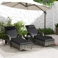 Outsunny 2 Reclining Chaise Lounge Chairs, Rolling Outdoor Chairs with Cushion, Pillow, Headrest, Armrests, and Wheels, Black(m-10)