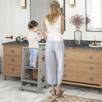 Qaba 2 in 1 Toddler Tower with Safety Rail for Bathroom, Sink, Kitchen or Counter, Gray(m-2)