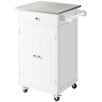 HOMCOM Kitchen Cart, Small Kitchen Island, Stainless Steel Top Utility Trolley on Wheels with Storage Drawer for Dining Room, Kitchen (White)(m-13)