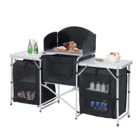 Outsunny Camping Kitchen Table, Aluminum Portable Outdoor Cooking Table, Fold-Up Cook Station with Windscreen and 3 Enclosed Cupboards for BBQ, Party, Picnics, Backyards(m-11)