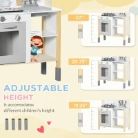 Qaba Wooden Play Kitchen with Realistic Lights and Sounds, Height-Adjustable Kids Kitchen Playset with Microwave, Range Hood, Cooking Accessories, Gift for 3-6 Years Old, White(m-7)