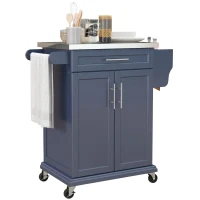 HOMCOM Kitchen Island with Wheels, Rolling Kitchen Island with Storage, Stainless Steel Countertop for Dining Room, Deep Blue(m-11)