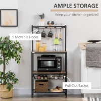 HOMCOM Industrial Multifunctional Kitchen Bakers Rack, Microwave Stand, Coffee Bar Station with Storage Shelves, Wire Basket, 5 Hanging Hooks, Walnut(m-4)