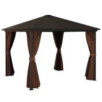 Outsunny 10' x 10' Hardtop Gazebo Canopy, Permanent Pavilion with Hook, Curtains, Aluminum Frame for Patio, Garden, Dark Brown(m-11)