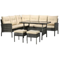 Outsunny 6 Pieces Wicker Patio Dining Set Outdoor Furniture Set with Removable Cushions, Glass Top Dining Table, 2 Ottomans, PE Rattan Conversation Set for Garden Poolside, Khaki(m-11)