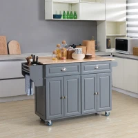 HOMCOM Rolling Kitchen Island on Wheels Utility Cart with Drop-Leaf and Rubber Wood Countertop, Storage Drawers, Door Cabinets, Grey(m-1)