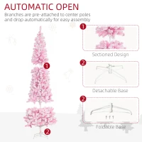 HOMCOM 7.5 FT Snow Flocked Artificial Christmas Tree, Pencil Xmas Tree with Realistic Branches, Auto Open and Steel Base, Pink(m-6)