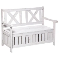 Outsunny Wooden Outdoor Storage Bench 2-Person Backyard Patio Bench with Louvered Side Panels & Wood Build, White(m-11)