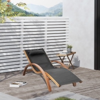 Outsunny Outdoor Wood Chaise Lounge Chair Recliner Patio Camping with Headrest, Teak & Black