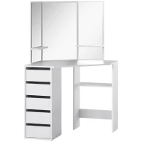 HOMCOM Corner Dressing Table, Makeup Desk with 3-piece Mirror and 5 Drawers, White(m-11)